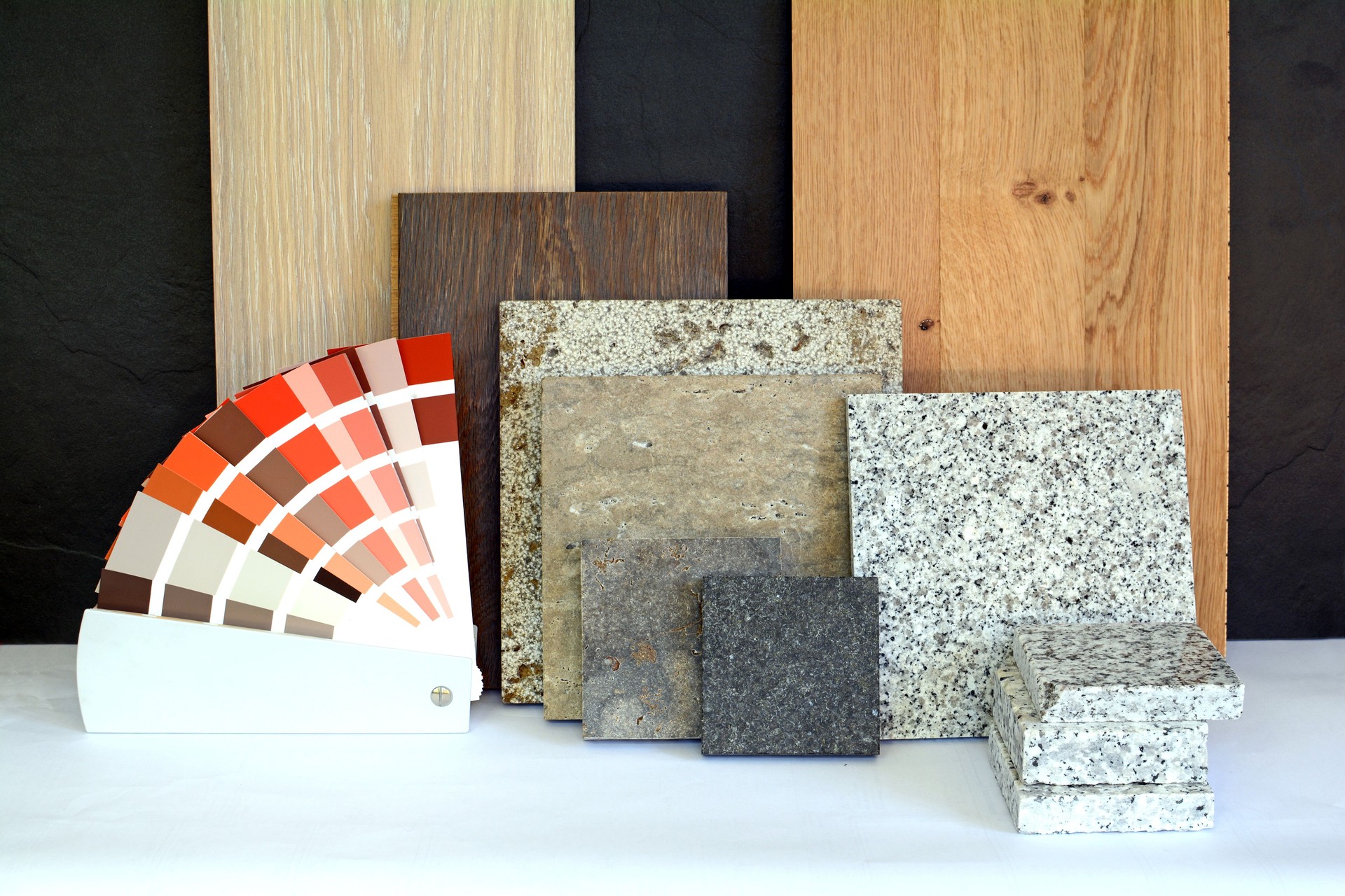Material pattern parquet, natural stone, tiles, wooden planks, color card for apartment building, Renovation interior work